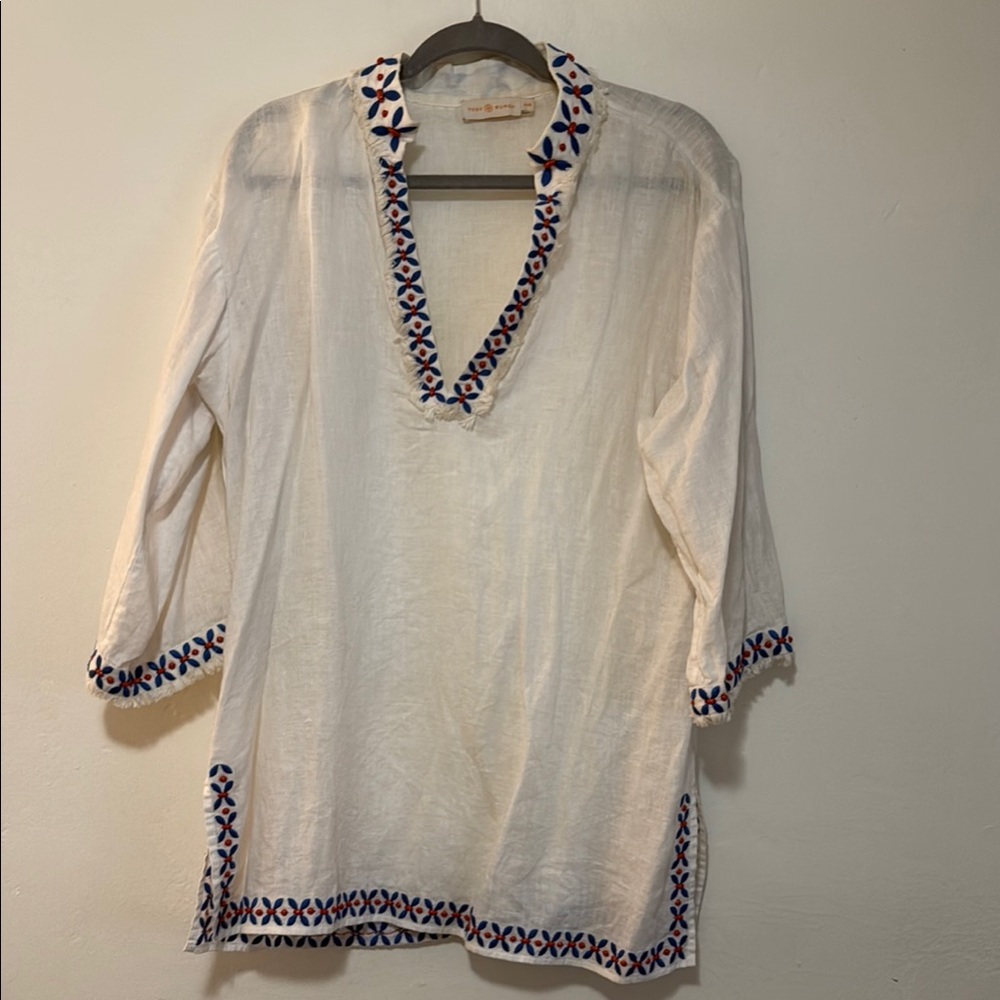Tory Burch Cream Tunic with Blue and Red Accents
